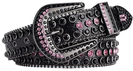 Nvzi Strass-Gürtel für Herren und Damen, Western-Gürtel, glitzernder Diamant-Gürtel, Cowgirl-Cowboy-Punk-Nietengürtel (Schwarz / Rosa), schwarz/pink, 53.14*1.49inch