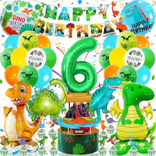 Dino Geburtstag Deko 6 Jahr, Deko Dinosaurier Geburtstag, dino Party Deko 6 Jahr Jungen mit Dino luftballon Zahlenballon 6, Dino Party Folienballon Grün Dschungel Deko für Dino Deko Kindergeburtstag