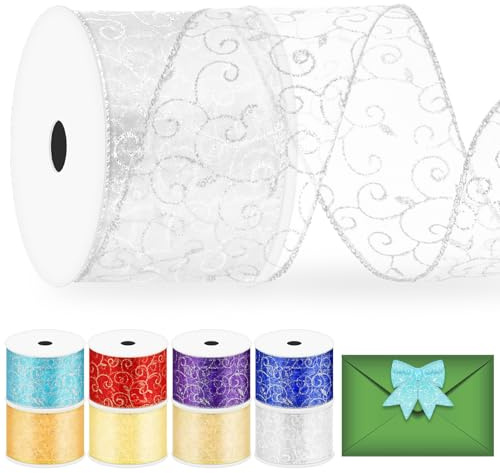 Glarks 1 rouleau de ruban en organza transparent à paillettes avec bord métallique pour décoration d'arbre de Noël, emballage cadeau - 6,3 cm x 9,15 m