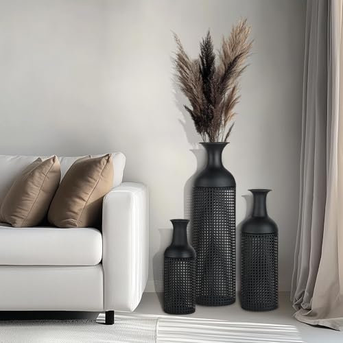 Sziqiqi Black Large Floor Vases: Modern Metal Tall Vases for Living Room, Bedroom, Kitchen - Set of 3 - 68/51/41cm