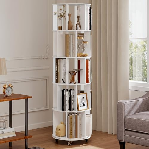 Turosur 5-Tier Rotating Bookshelf Bookcase (White) 360-Degree Revolving BookShelf Floor Standing Shelves Space-Saving Storage Organizer for Bedroom Living Room Office