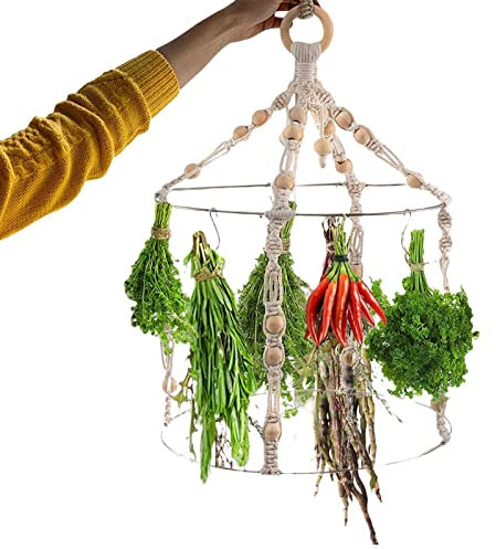 Essiccatore per erbe aromatiche – Essiccatore per erbe aromatiche, design bohémien, doppio | Supporto per asciugare fiori macramè con 15 ganci in acciaio inox, supporto per erbe aromatiche in stile