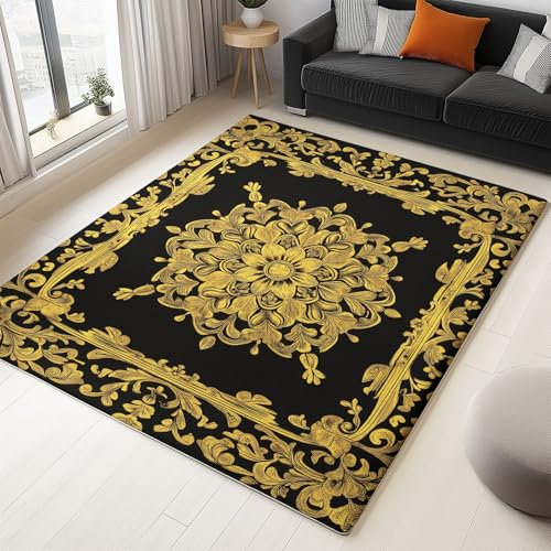Teppich Dekoration 60x90 cm Komplexe Mustergrenze Rutschfester und Waschbarer Flanell Teppich Gelb, für Schlafzimmer Kinderzimmer Wohnzimmer Moderner Balkon Esszimmer