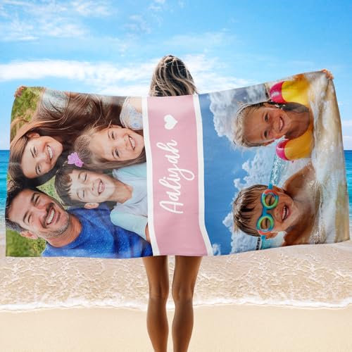 Solutra Personalisiert Strandtuch Badetuch mit Namen, Mikrofaser Handtuch Personalisiert Geschenke, Schnell Trocknendes Leichtes Strandhandtuch für Erwachsene Kinder(2 Fotos + Text)