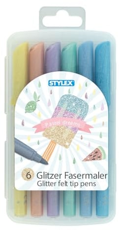 Stylex 64017 - Glitzer Fasermaler, 6 Stück in Pastellfarben, farbintensiv, auswaschbar, in wiederverschließbarer Box, zum Malen, Basteln und Zeichnen, Filzstifte für Kinder