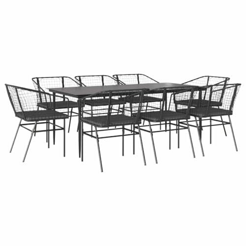 vidaXL 9-TLG. Garten-Essgruppe mit Kissen Schwarz Poly Rattan Glas, Outdoor Essgruppe, Essgarnitur Terrasse, Garten Essgarnitur, Terrasse Essgruppe
