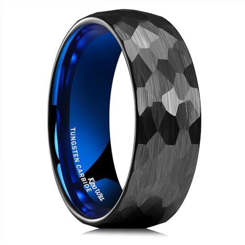King Will 8mm Tungsten Wedding Rings for Men Blue Black Plated Hammered Texture Men's Wedding Band Gifts for Him Size Z+1 (13)