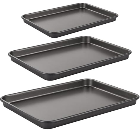 VIDETOL 3 Pcs Non Stick Oven Baking Tray, Rectangle Heavy Duty Carbon Steel Oven Tray, PFOA Free Cookie Sheet Pan for Baking Food, Black, 3 Size