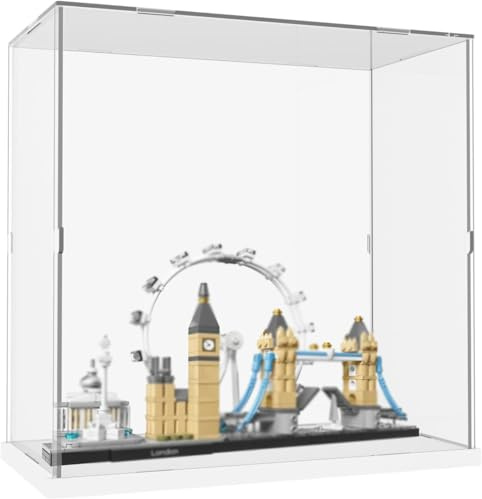 DuvinDD Acryl Vitrine für LEGO Architecture Paris für New York City Set für London Skyline-Modellbausatz – 30 x 15 x 30 cm Transparente Staubschutzbox mit Weißer Sockel
