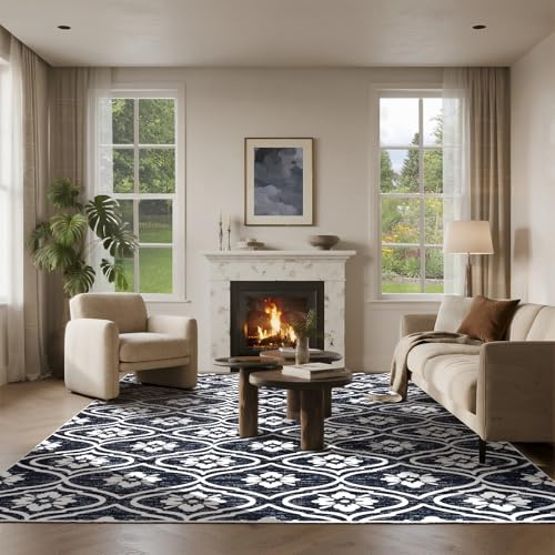 Puremy Teppich Wohnzimmer 160X220cm, Mit Marokkanischem Vintage-Muster, Waschbar, Weich, Ultradünn Und rutschfest, Schmutzabweisend Für Schlafzimmer, Esszimmer, Kinderzimmer, Büro, Schwarz