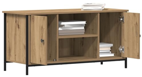 SKTQYQO TV-Ständer aus massiver Eiche mit Regalen, modernes Wohnzimmermöbel aus Holz und schwarzem Stahl, robuste Struktur für Multimedia-Ausrüstung, einfach