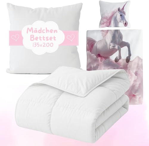 Carpe Sonno Kinderbettdecke und Kissen Set + Kinderbettwäsche 135x200 [Ganzjahres Kinder Bettdecken Set] Kinderdecke 135x200 + Kinderkopfkissen 80x80 + Bettwäsche Einhorn - Bettenset Komplettset