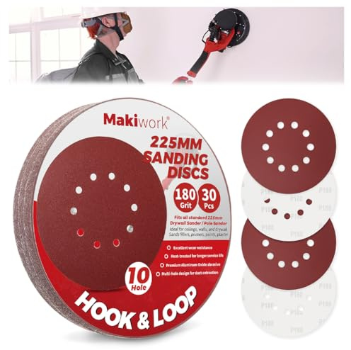 Makiwork Lot de 30 Disques Abrasifs 225 mm Grain 180 – 10 Trous – Auto-Agrippants – pour Ponceuse Girafe – Idéal Ponçage Mur, Placo et Cloisons Sèches