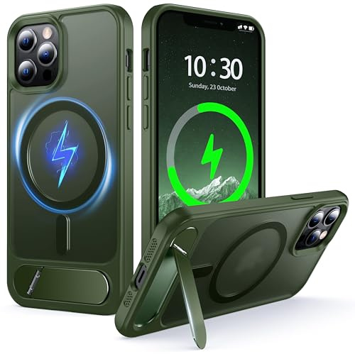 NJROW Magnetic Stand for iPhone 12 Case/iPhone 12 Pro Case with MagSafe | [Stand & Wireless Charging 2in1] [Flush Hidden Kickstand] [Military Shockproof] Slim Translucent Matte,Green