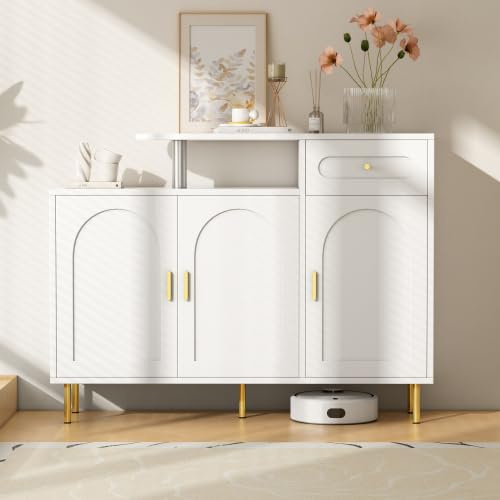 Merax Sideboard Kommode – Weißer Mehrzweckschrank mit 3 Türen, Schubladen und Metallgriffen, 120x35x92 cm – Modernes Design, Viel Stauraum, Kippsicherung für Wohnzimmer, Küche, Flur