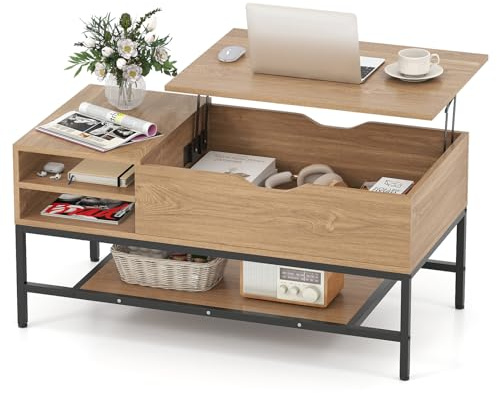 COSTWAY Lift Up Top Coffee Table, Wooden Lifting Cocktail Center Table with Hidden Storage Compartment and Open Shelf, Metal Frame Rectangle Accent Sofa Side Tea Table for Living Room (Natural)