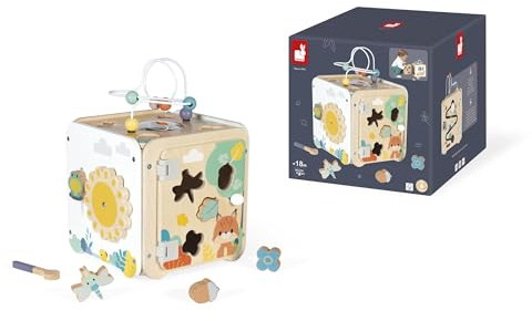 Janod – Großer Multiaktivitätswürfel aus Holz – 8 Aktivitäten für Kinder und Babys – Entwicklungsspielzeug – Entwicklung der Feinmotorik – Holzspielzeug – Ab 18 Monaten
