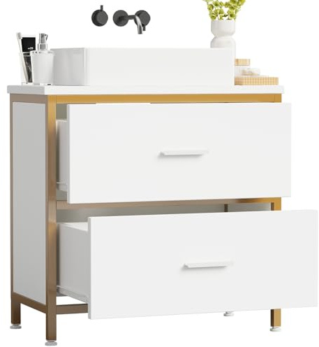 ELUCHANG Mueble bajo Lavabo, Armario de baño con 2 cajones, Estrecho 60x30x60cm, Madera MDF E1+Metal, Robusto y Resistente al Agua, Blanco+Dorado, Ideal para baños pequeños y WC Invitados