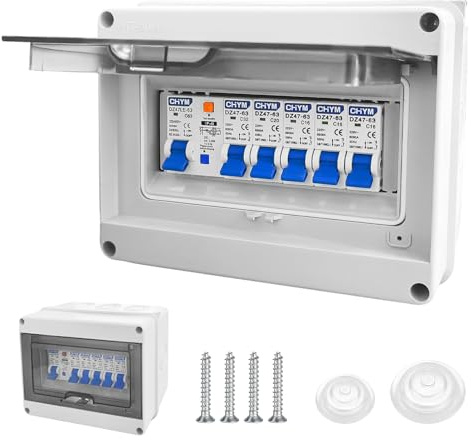 Sicherungskasten Aufputz, Verteilerkasten mit Fi Schutzschalter, IP65 Stromverteilerkasten für Wohnwagen/Garagen/Werkstätten/Villen, Leistungsschalter 63A, AC Trennschalter 3x16A+20A+32A