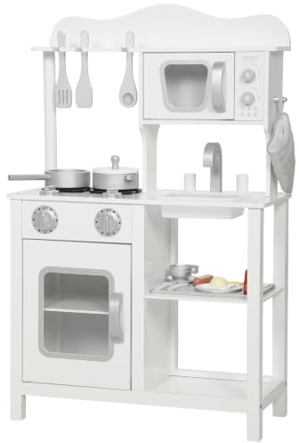 AIYAPLAY Cocina de Juguete de Madera con Sonido 3 Años 55x24x86 cm Blanco | Cocinita Infantil con Accesorios, Fregadero, Microondas y Fogón, Juguetes para Niños