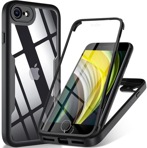 Pemuyak Hülle für iPhone SE 2020/2022 (iPhone SE 2/3), iPhone 8/7 Handyhülle mit Eingebautem Displayschutz, 360° Stoßfest Case Schutzhülle für iPhone SE 2/3/ iPhone 8/7 (Schwarz)