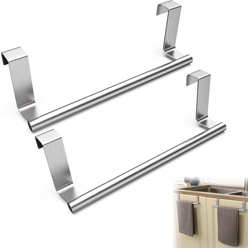 2 PCS Over Door Towel Rail, Silver Towel Holder, 23 cm No Drilling Stainless Kitchen Towel Rail, Anti Slip Scratch Protecting Stripe, Slim Towel Holder for Home, Bathroom