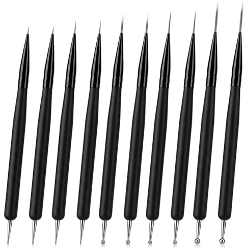 SULIKJHUI 10 Pcs Nail Art Brushes, Liner Brushes and Dotting Pen Tools | Thin Nail Art Brush Set for Long Lines, Fine Details & Painting, Sizes 4/8/12/16/20mm, Black