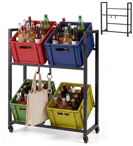 COSTWAY Rolling Drink Crate Rack for 4 Box, Metal Bottle Storage Shelf with 4 Wheels, Adjustable Angles & 2 Hooks for Water Fruit Vegetable, Beverage Crate Stand for Kitchen Bar Shop, 150kg Load
