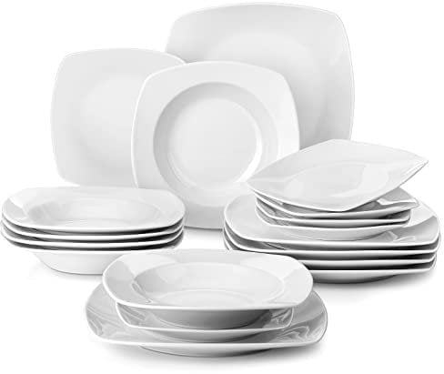 MALACASA, Serie Julia, 18 Teilig Set KLEIN Tafelservice 6 Personen Porzellan Teller Set, Geschirrset, mit 6 Flachteller, 6 Kuchenteller & 6 Suppenteller, Grauweiß