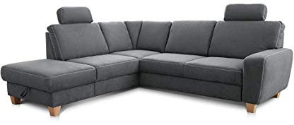 Cavadore Ecksofa Wisconsin mit Bettfunktion / Schlafsofa mit Federkern / Inkl. 2 Kopfstützen + Stauraum / Landhausstil / Holzfüße in Buche / Mikrofaser / Größe: 248 x 88 x 215 cm (BxHxT) / Farbe: Grau