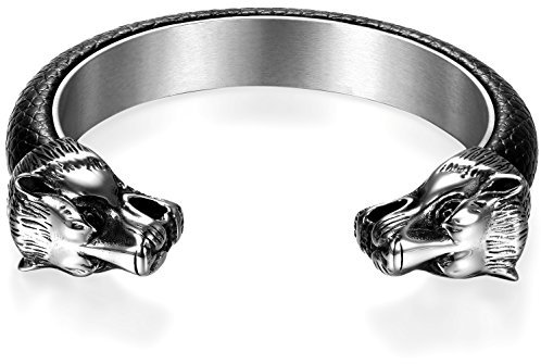 JewelryWe Schmuck Herren Armreif, Gegenüber Wolf Wolfskopf Biker Offen Armband Armspange, Edelstahl Leder, Schwarz Silber