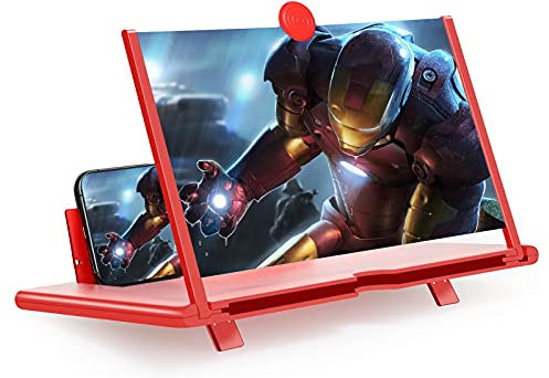 12 Lupa de Pantalla,3D HD teléfono Inteligente de proyector para películas,Videos y Juegos Soporte de teléfono Plegable con Amplificador de Pantalla -Rojo