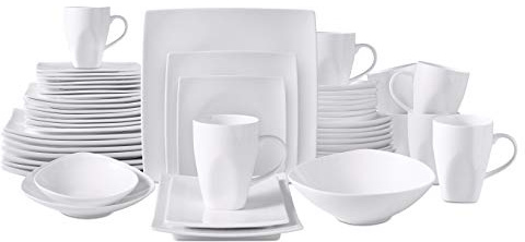 HomeVss, Vajilla de porcelana de hueso con forma cuadrada, color blanco, 51 piezas