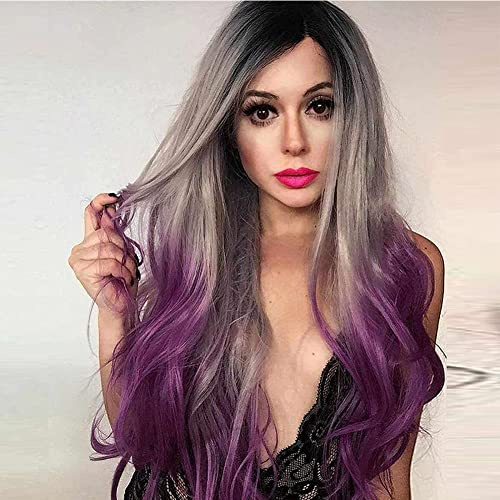 Karissa Perruque avec dentelle frontale grise et violette avec racines noires, cheveux de bébé, fibre résistante à la chaleur, lilas et lavande, pour femme