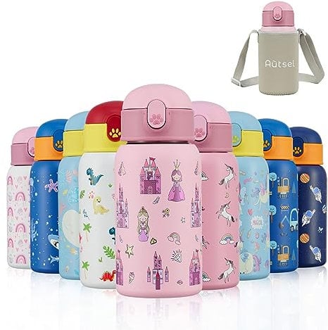 Autsel 500ml Gourde Isotherme Enfant avec Paille Bouteille Isotherme Étanche avec Sac Transport Princesse Gourde Bouteille d'eau en Acier Inoxydable sans BPA pour École Sport Maternelle