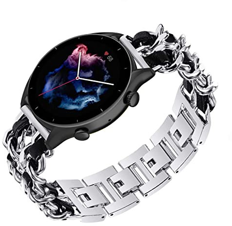 22mm Metall Armbänder Kompatibel mit Amazfit GTR 2 / GTR 2e / GTR 47mm / Amazfit GTR 3 / GTR3 Pro Armband Für Frauen Damen Leder Edel Luxus Ersatzband Uhrenarmband (Silber1)