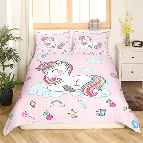 Kinder Einhorn Bettwäsche Rosa Mädchen 155x220 Bettwäscheset Schön Einhorn Unicorn Bettbezug Set mit 1 Kissenbezug Tier Pferd Bettwäsche-Set Wolke Süssigkeit Regenbogen Dekor Bettwäsche Teens