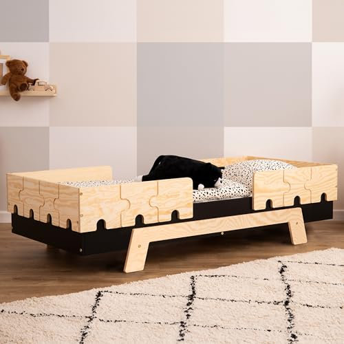 smartwood Kinderbett mit Lattenrost und Rausfallschutz Puzzle BR2 Montessori einzelbett für Jungen und Mädchen - Bett aus Kiefer Sperrholz mit Rausfallschutz und Lattenrost - Schwarz - 100x200 cm