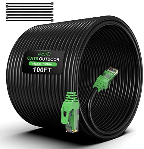100FT Cat6 Outdoor Ethernet Cable, In-Ground, Heavy Duty Direct Burial, 24AWG CCA Patch Cord for Laptops, PCs, Routers, Printers, Surveillance Camera, PoE, UTP Cat 6 Internet Cable with 25 Cable Ties