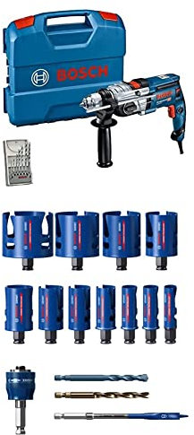 Bosch Professional Schlagbohrmaschine GSB 20-2 (mit Zubehörset, in L-Case) + 15 tlg. Expert Construction Material Lochsäge Set (für Weichholz, Ø 20-76 mm, Zubehör)