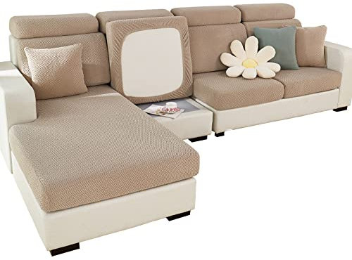 SHANNA Sofa Überzug Stretch, Couch Sofabezug 1 2 3 Sitzer L Form Ecksofa, Sofa Cover Sitzkissenbezug Sofaüberwürfe rutschfest Möbelschutz mit Elastischem Boden, Weben Kamel Chaise Abdeckung