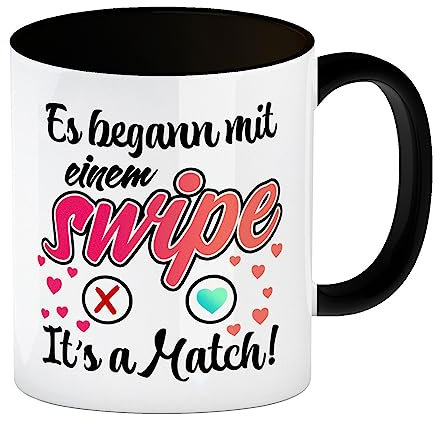 Es begann mit einem swipe Kaffeebecher in schwarz mit Spruch It's a Match eine romatische Tasse für Paare die sich auf einer Dating-App kennengelernt haben für den Schatz Date zum