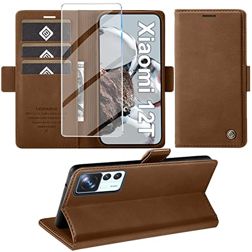 Giyer Handyhülle für Xiaomi 12T/12T Pro 5G Hülle mit Schutzfolie, Standfunktion Kartenfach Wallet Premium Leder Schutzhülle 12T Pro Flip Case Cover Stoßfeste Klapphülle 12T 5G 6.67 Zoll (Braun)