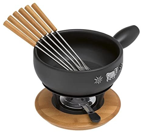 KUHN RIKON White Clay Cheese Fondue Set, 23 cm. Includes 6 Forks with Bamboo Handles. Suitable for All Hobs (Including Induction). Perfect for Parties. Designed in Switzerland