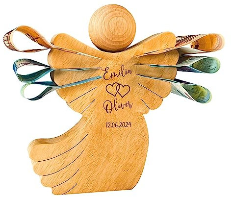 Personalisierte Holzengel Dekofigur, Geldgeschenk zur Hochzeit, Hochzeitsgeschenk für Brautpaar, Schutzengel Figur aus Holz mit Herzen Gravur, Verpackung für Geldgeschenke, Dekoengel als Glücksbringer
