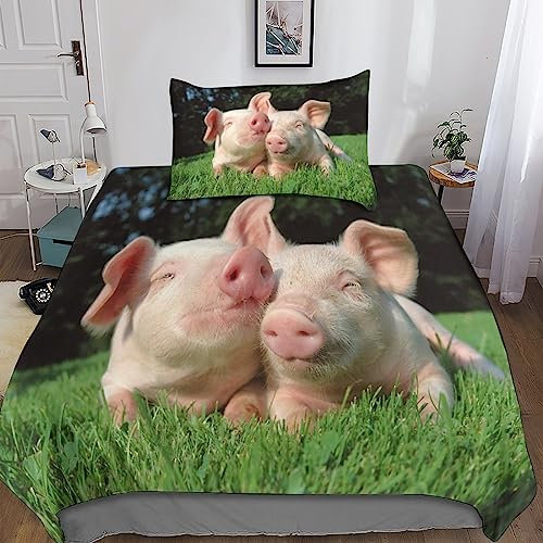 Rochile Schwein Kinder Bettwäsche Tiere 3D Print Betten Set Bettwäsche Set Microfaser Qualität Bettbezug Mit Kissenbezug 2 Teilig Sets Single(135x200cm)