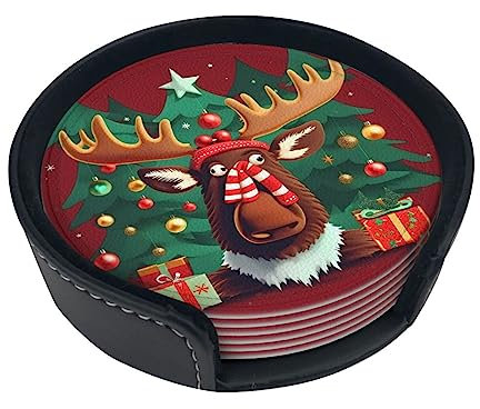 Lustiger Weihnachts-Elch bedruckter Getränkeuntersetzer mit Halter, langlebiges Leder-Untersetzer-Set für Bar, Küche, Zuhause