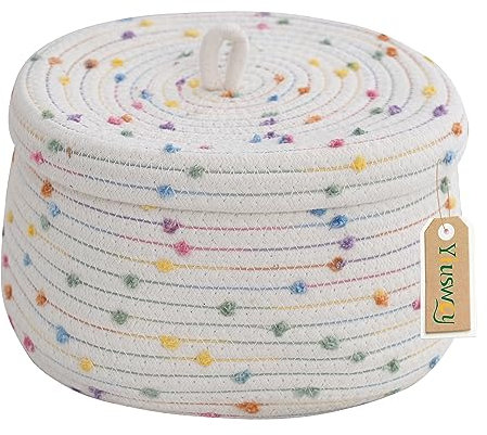 Yiuswoy Small Storage Basket Woven Rope Basket Boho Decorative Basket Organizer with Lid for Baby Nursery, Bedroom, Living Room, 25 x 16 cm, White