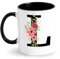 Initiale Tasse Personnalisé Lettre Tasse avec Motif Fleurs Mug Tasse à Café Alphabet Tasse en Céramique Tasse Noire Cadeau pour Femme, Ami, Maman, Collègue pour Anniversaire, Fête des mères (L)