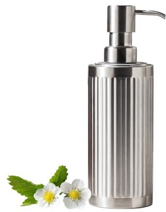 ZEBEYIMA Modern Light - Dispensador de jabón de lujo con embudo, plata cepillada, acero inoxidable 304, botella desinfectante de manos con bomba de metal para baño y cocina (10.5 onzas/300 ml)